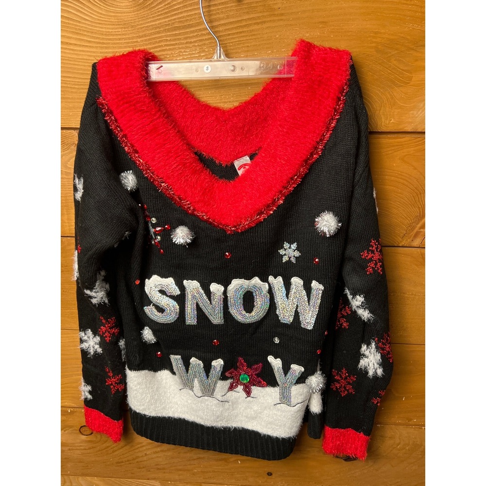 Holiday Time Ugly Christmas Sweater Snow Way Festive V-Neck Women M (8-10) Party
